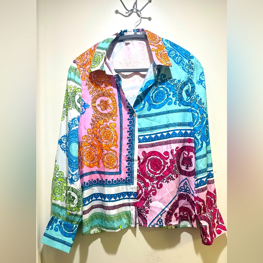 Silky Satin Multi-Colored Button Down Size Medium - image 1